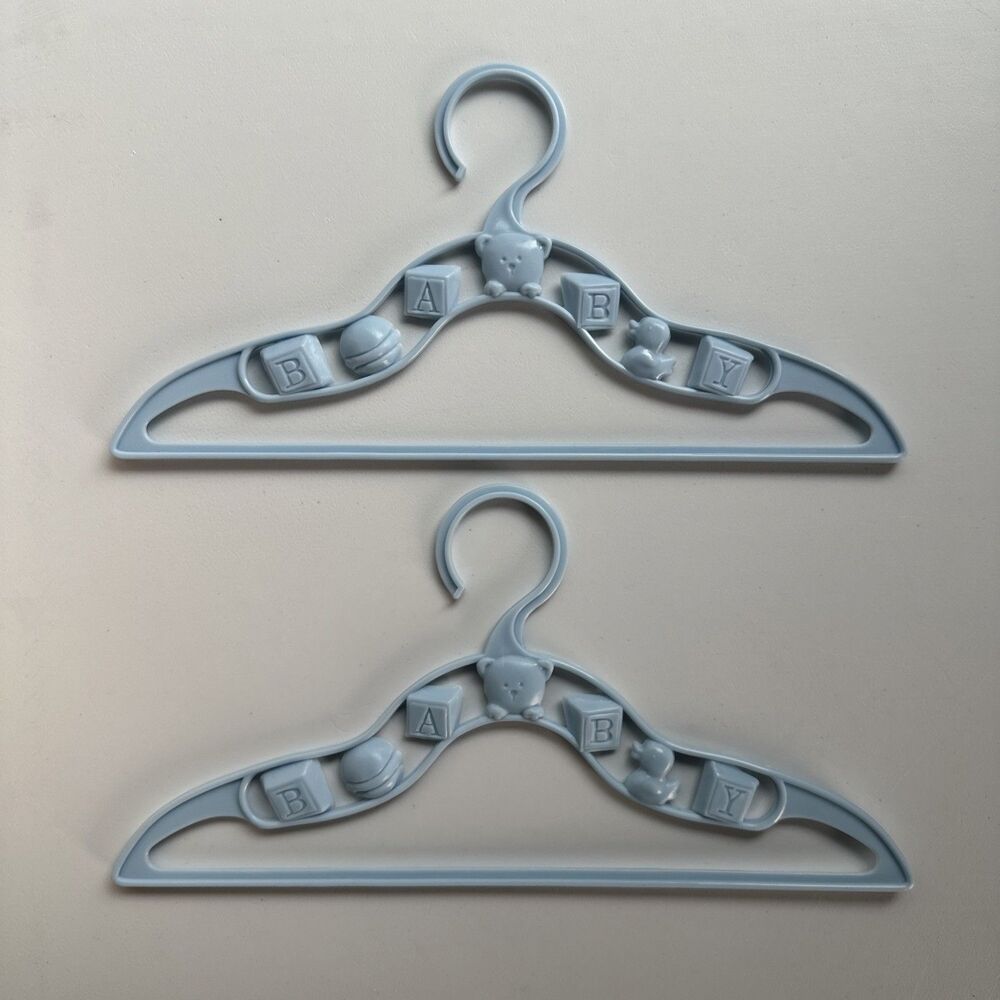 2 Vintage Blue Plastic Kids Clothes Hangers - Teddy Bear & Baby Blocks